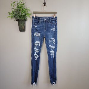 American Eagle Skinny Jeans Super Hi Rise Jegging Patch Distressed Dark AE 6 L